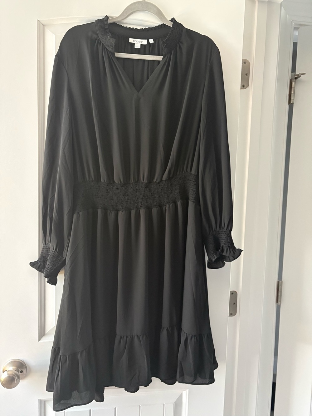 Chico’s Black Ruffle Details Size 3 (14/16) Career Evening Cocktail Dress EUC